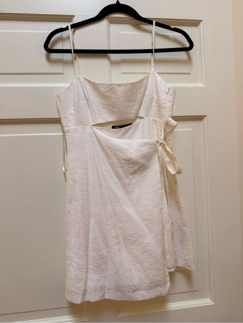 Zara White Linen-Blend Mini Dress with Side Tie